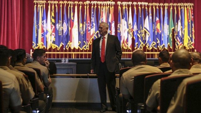 (Photo Credit: Lance Cpl. Kailey Maraglia). James N. Mattis, retired Marine Corps General and former 11th Commander of the United States Central Command, holds a question and answer session with Marines assigned to Marine Corps Recruit Depot San Diego.
