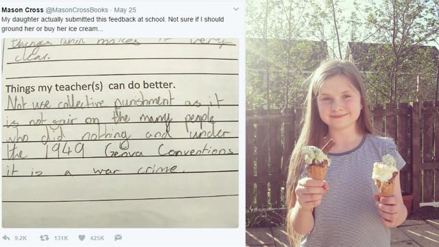 'Cheeky' 11-year-old accuses her school of war crimes, and gets ice cream