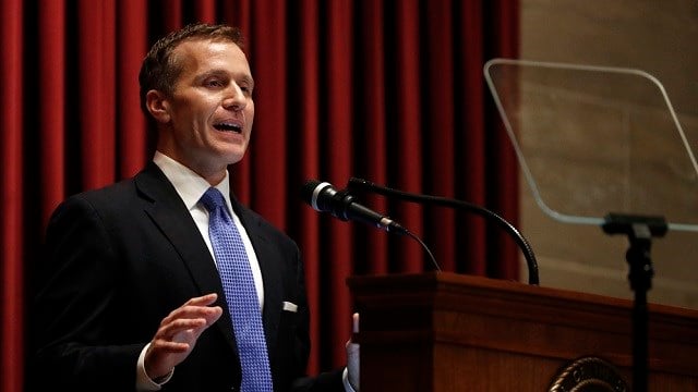 Missouri Gov. Eric Greitens delivers the annual State of the State address to a joint session of the House and Senate, Wednesday, Jan. 10, 2018, in Jefferson City, Mo. (AP Photo/Jeff Roberson)